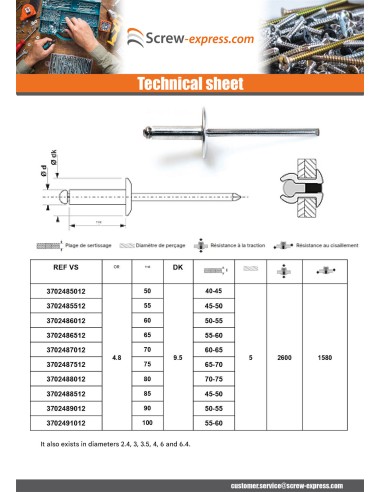 1 x Blind rivets Aluminium Stahlgewinde 4.8X70...