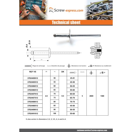 1 x Blind rivets Aluminium Stahlgewinde 4.8X70 Thickness Of Panel 60 to 65 Standard round head