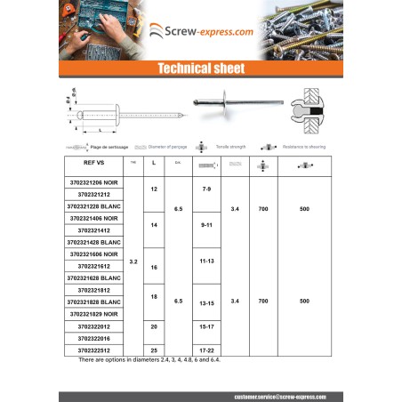 1 x Blind rivets Aluminium Stahlgewinde 3.2X14 Thickness Of Panel 9 to 11 Standard round head White