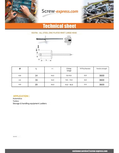 1 x Rivet Steel/ steel ZING 4.8X14 Thickness Of...