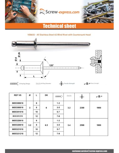 1 x Blind Rivet All Stainless Steel Countersunk...