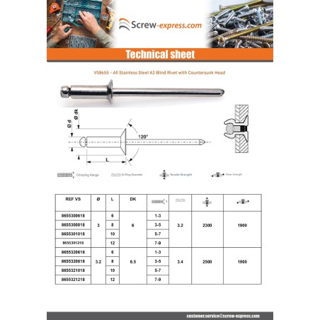 1 x Blind Rivet All Stainless Steel Countersunk Head 3X10 Thickness Of Panel 5 to 7