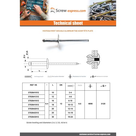 1 x Blind rivets Aluminium Stahlgewinde 6.4X12 Thickness Of Panel 4 to 6 Standard round head ALX