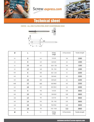 1 x Rivet Steel/ steel ZING 3.2X6 Thickness Of...