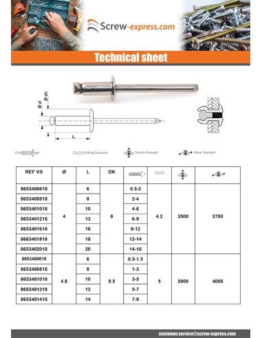 250 x Blind Rivet All Stainless Steel TRS 4.8X6...