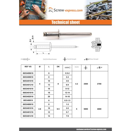 250 x Blind Rivet All Stainless Steel TRS 4.8X6 Thickness Of Panel 0.5 to 1.5
