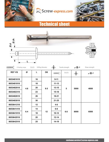 250 x Blind Rivet All Stainless Steel TRS 4.8X6...