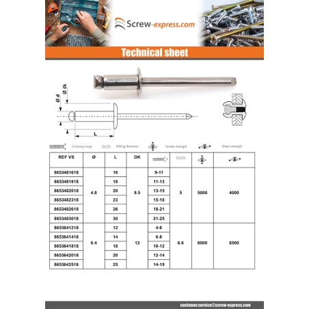 250 x Blind Rivet All Stainless Steel TRS 4.8X6 Thickness Of Panel 0.5 to 1.5