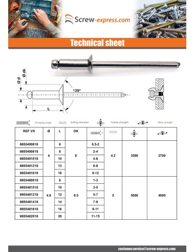 1 x Blind Rivet All Stainless Steel Countersunk...