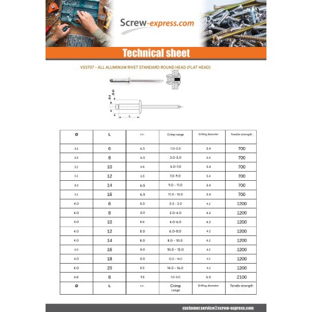1 x Rivet alu 4X20 Thickness Of Panel 14 to 16 Flat Head YOUR