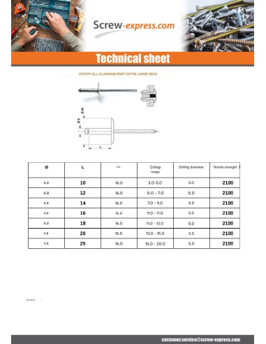 1 x Rivet alu 4.8X25 Thickness Of Panel 15 to...