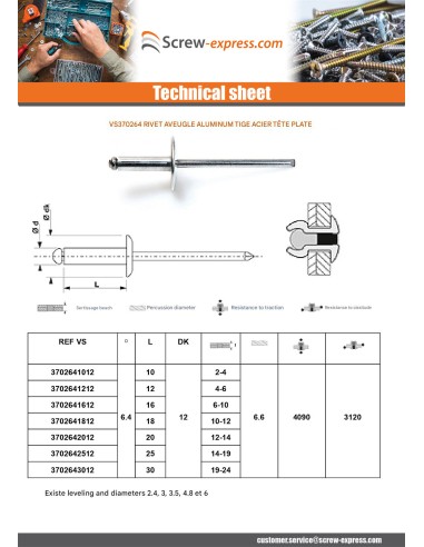 1 x Blind rivets Aluminium Stahlgewinde 6.4X16...