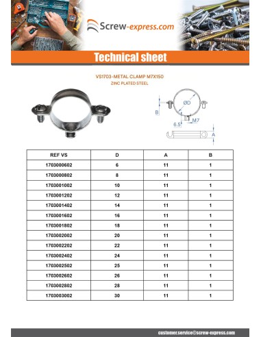 1 x Metal hose clamp M7X150 Diameter 58 Zinc...