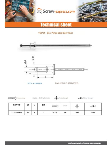 1 x Bodywork rivet Zinc Plated 2.4X5 Thickness...