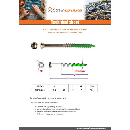 1 x Decking Screw Countersunk Head T25 5.5X60 Thread Length: 32 Stainless Steel A4 antifriction Green