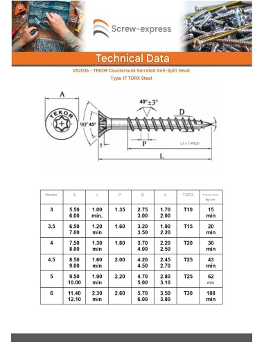 1 x Chipboard Screw Tekor Countersunk Head With...