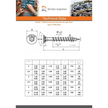 1 x Chipboard Screw Tekor Countersunk Head With Serration 3.5X35 Thread Length: 24 T20 Zinc Plated cut Type 17 Drilling