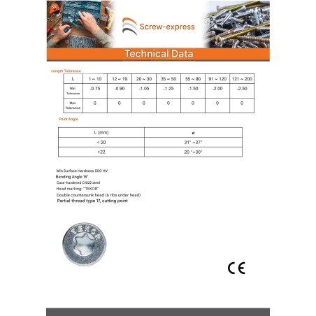 1 x Chipboard Screw Tekor Countersunk Head With Serration 3.5X35 Thread Length: 24 T20 Zinc Plated cut Type 17 Drilling