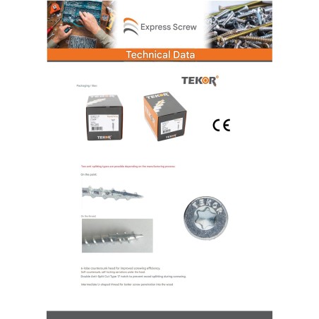 1 x Chipboard Screw Tekor Countersunk Head With Serration 3.5X35 Thread Length: 24 T20 Zinc Plated cut Type 17 Drilling