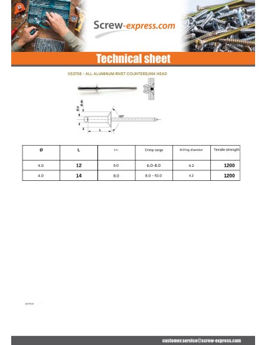 1 x Rivet alu 4X12 Thickness Of Panel 6 to 8...