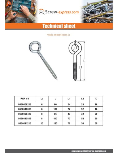 1 x Piton Wood Stainless Steel A4 10X125 Thread...