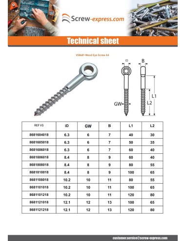 1 x Eyebolt Wood 6X40 Thread Length: 30 Eye 6.3...