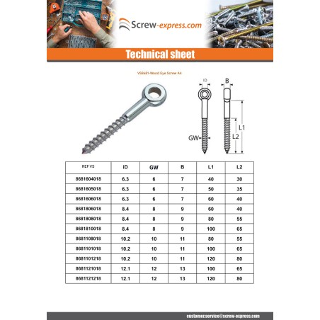 1 x Eyebolt Wood 8X60 Thread Length: 40 Eye 8.4 Stainless Steel A4