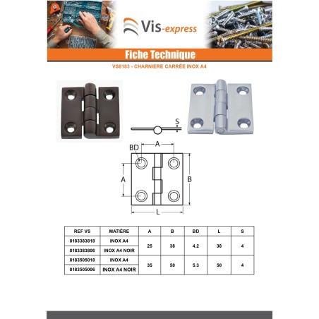 1 x Hinge Square 50X50 Stainless Steel A4 Black