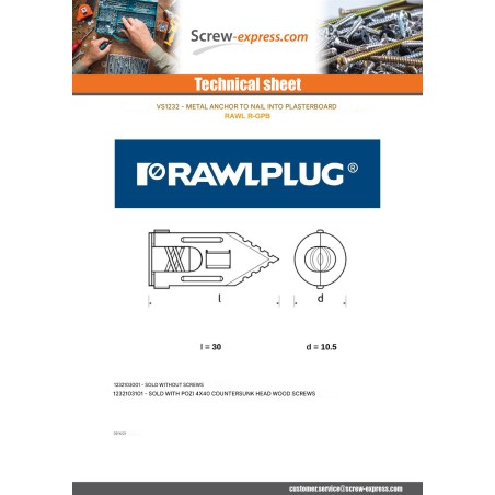 1 x Nail dowel for plasterboard 10.5X30 With Screw RAWLPLUG
