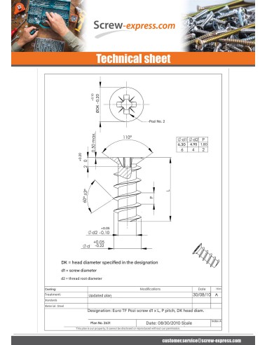 1 x Euro screw Countersunk Head Pozi 6.3X14...