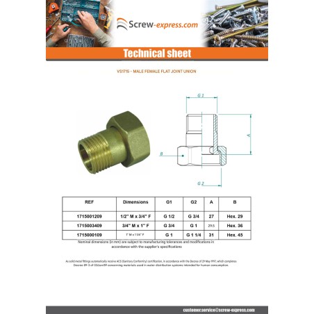1 x Flat union fitting Male/Female 1/2" X 3/4" Brass