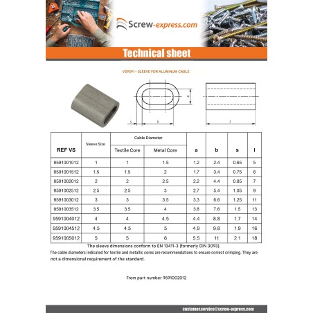 1 x Crimp sleeve Aluminium for cable textile core Diameter 6 and metallic core Diameter 5