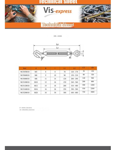 1 x Hook And Eye Turnbuckle M10X150 Eye 12...