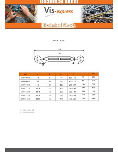 1 x Hook And Hook Turnbuckle M8X120 Stainless...