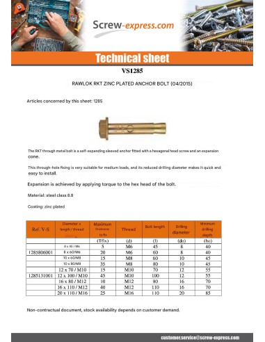 1 x Metal Bolt With Nut RKT 12X100 M10 Zinc Plated