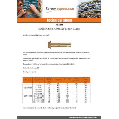 1 x Metal Bolt With Nut RKT 12X100 M10 Zinc Plated
