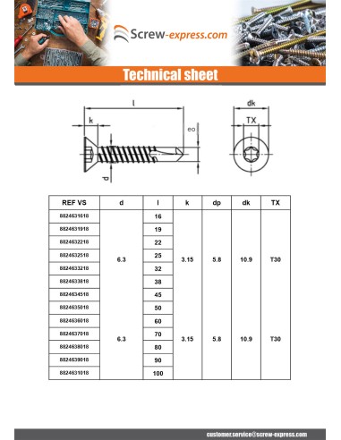 1 x Self Drilling Countersunk Head 6.3X100 T30...