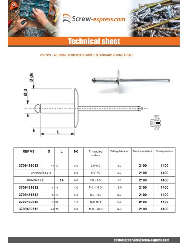 1 x Rivet alu 4.8X20 Thickness Of Panel 13 to...