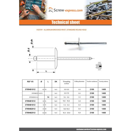 1 x Rivet alu 4.8X20 Thickness Of Panel 13 to 15 Extra Large Head YOUR