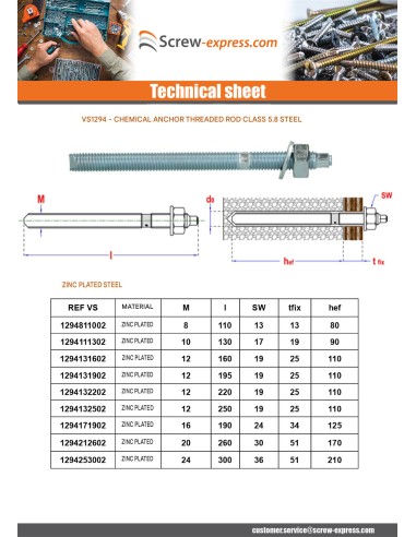 1 x Threaded Rod Anchor CHEMICAL M20X260 Zinc...