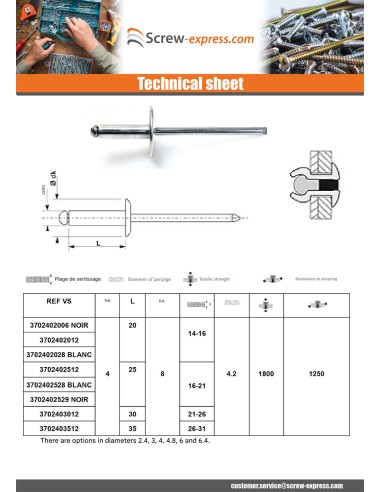 1 x Blind rivets Aluminium Stahlgewinde 4X20...