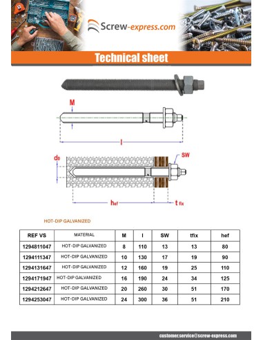 1 x Threaded Rod Anchor CHEMICAL M16X190 Zinc...