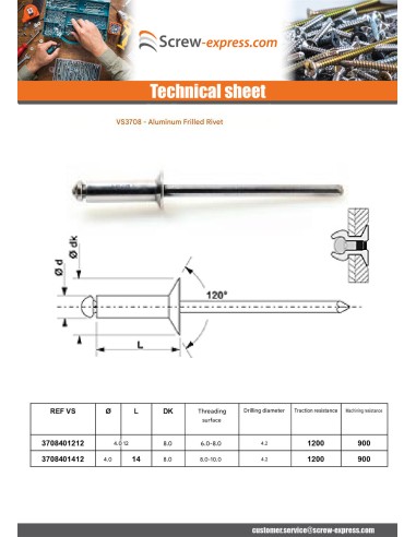 1 x Rivet alu 4X12 Thickness Of Panel 6 to 8...