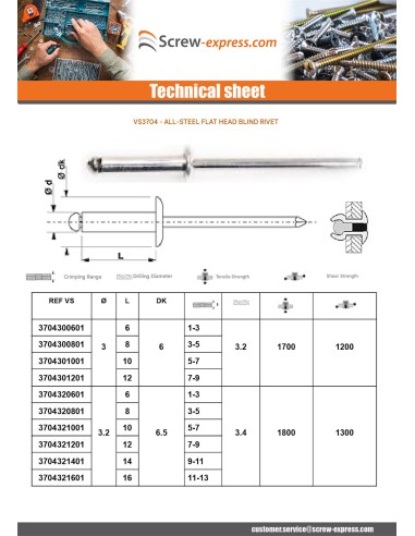 1 x Rivet Steel/ steel ZING 3.2X16 Thickness Of...
