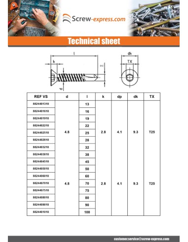 1 x Self Drilling Countersunk Head 3.9X19 T15...