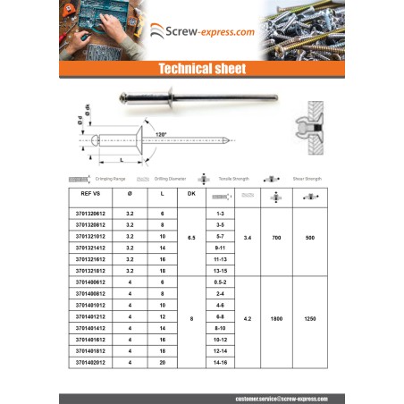 1 x Blind rivets Aluminium Stahlgewinde 4.8X14 Thickness Of Panel 7 to 9 Countersunk Head ALX
