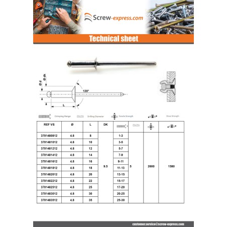 1 x Blind rivets Aluminium Stahlgewinde 4.8X14 Thickness Of Panel 7 to 9 Countersunk Head ALX