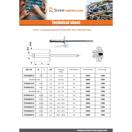 1 x Blind rivets Aluminium Stahlgewinde 4.8X14 Thickness Of Panel 7 to 9 Large Head ALX