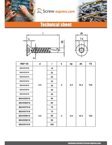 1 x Self Drilling Countersunk Head 4.8X13 T25...