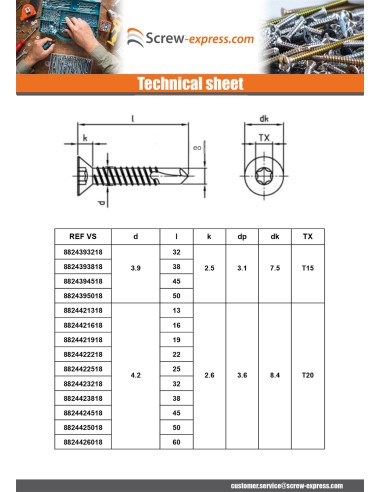 1 x Self Drilling Countersunk Head 2.9X9.5 T8...